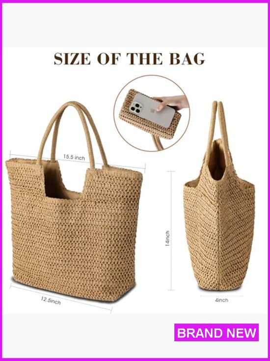 Straw Woven Tote Bag Large Beach Shoulder Handbag Boho Chic Summer Holiday - Picture 5 of 7